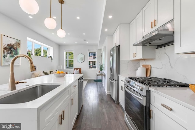 1201 Staples St NE Unit 1, Washington, DC 20002 - kitchen featuring appliances with stainless steel finishes, a sink, under cabinet range hood, recessed lighting, and hanging light fixtures