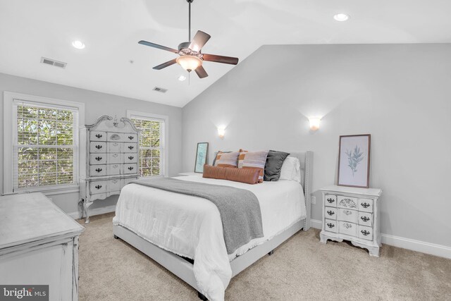 14745 Jennifer Ct, Issue, MD 20645 - bedroom with vaulted ceiling, light carpet, recessed lighting, baseboards, and a ceiling fan