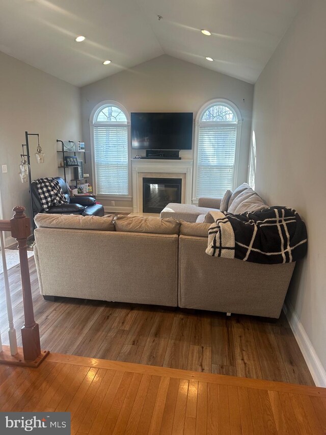 14745 Jennifer Ct, Issue, MD 20645 - living room with lofted ceiling, wood-type flooring, plenty of natural light, and a glass covered fireplace