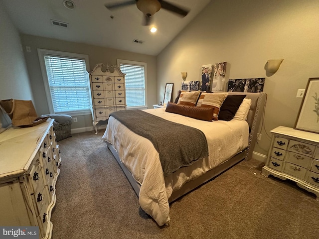 14745 Jennifer Ct, Issue, MD 20645 - bedroom featuring dark colored carpet, baseboards, lofted ceiling, and a ceiling fan