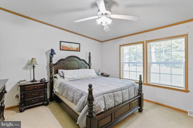 6194 Milo School Rd, Great Cacapon, WV 25422 - bedroom with light carpet, baseboards, ceiling fan, crown molding, and lofted ceiling