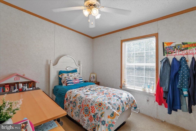6194 Milo School Rd, Great Cacapon, WV 25422 - carpeted bedroom with ornamental molding, ceiling fan, and a textured ceiling