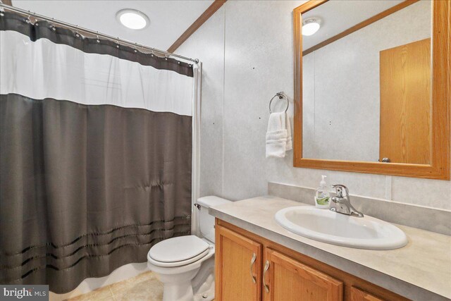 6194 Milo School Rd, Great Cacapon, WV 25422 - bathroom featuring toilet, vanity, a shower with curtain, and tile patterned flooring