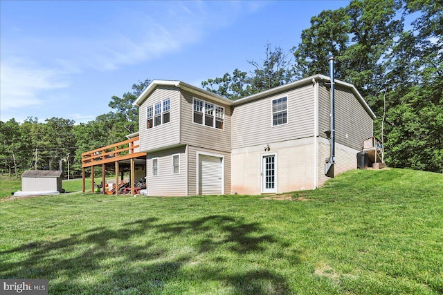 6194 Milo School Rd, Great Cacapon, WV 25422 - rear view of property with a storage shed, a deck, a yard, an outdoor structure, and central air condition unit