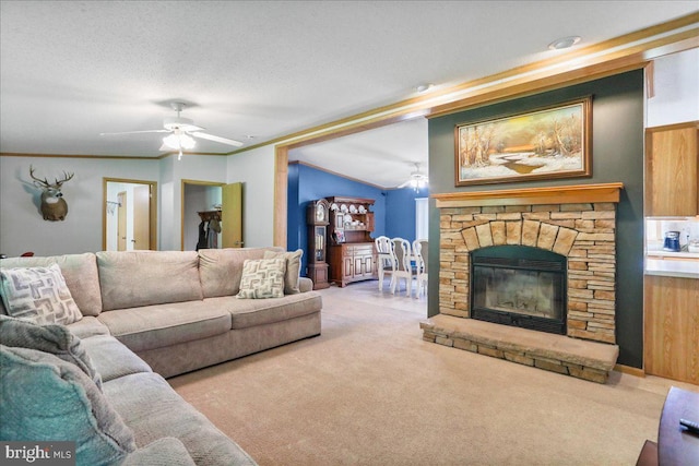 6194 Milo School Rd, Great Cacapon, WV 25422 - carpeted living room featuring a ceiling fan and a fireplace