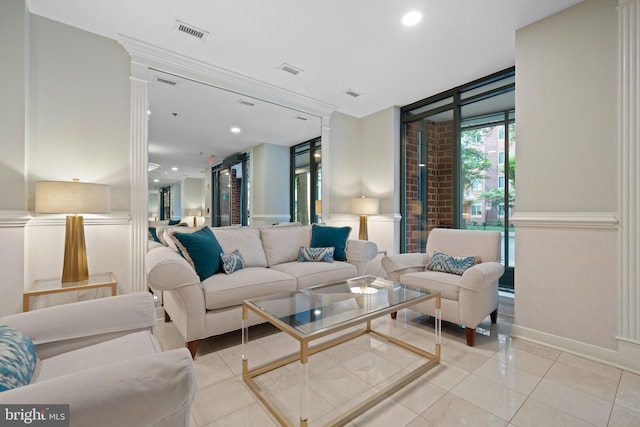 1045 N Utah St Unit 2-304, Arlington, VA 22201 - living room with light tile patterned flooring, floor to ceiling windows, recessed lighting, and baseboards