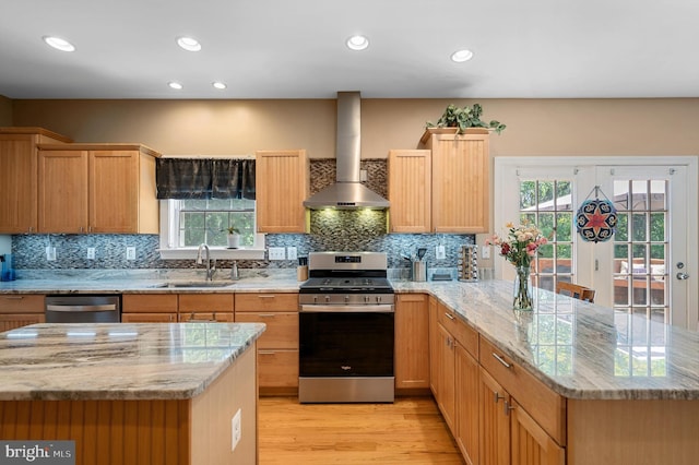 661 Germany Rd, Stephens City, VA 22655 - kitchen with appliances with stainless steel finishes, a sink, wall chimney range hood, light wood finished floors, and backsplash