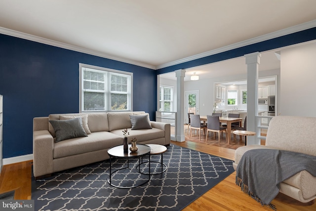 600 Grace St, Herndon, VA 20170 - living area with ornate columns, crown molding, wood finished floors, and baseboards