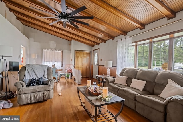 living room with wood finished floors, beam ceiling, high vaulted ceiling, ceiling fan, and wood ceiling