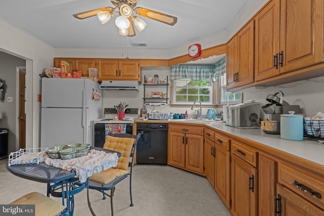 kitchen featuring dishwasher, freestanding refrigerator, a sink, electric stove, and ceiling fan