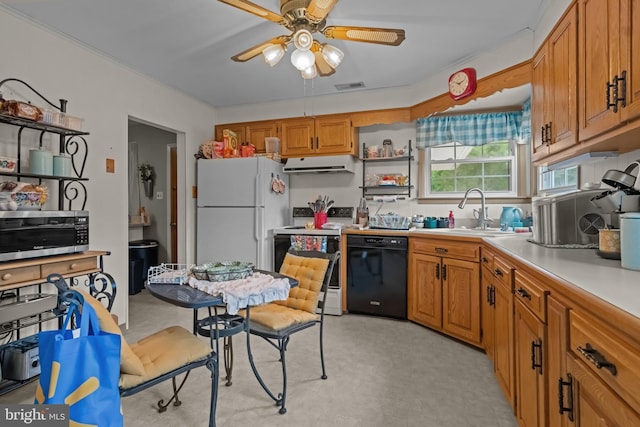 kitchen featuring white appliances, open shelves, brown cabinetry, light countertops, and a ceiling fan