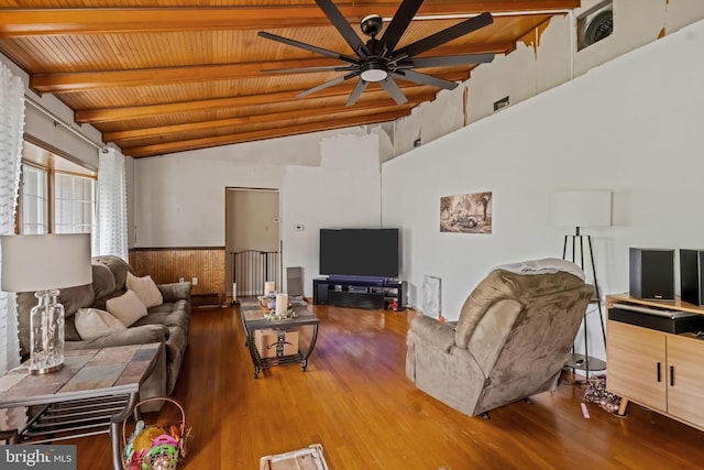 living room with wood ceiling, ceiling fan, wood finished floors, and a wainscoted wall
