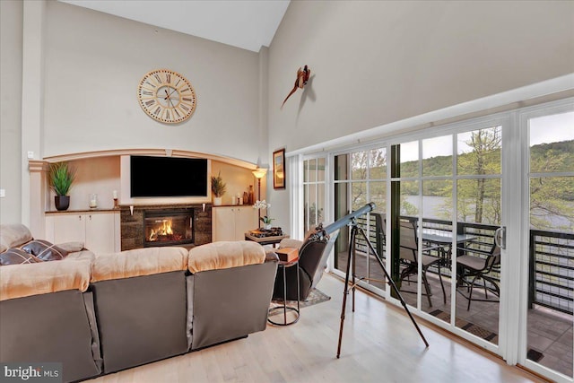 320 Hummingbird Way Unit 302, Lake Harmony, PA 18624 - living area featuring wood finished floors, high vaulted ceiling, and a glass covered fireplace