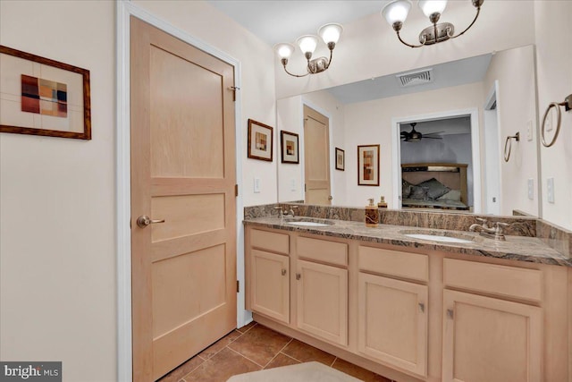 320 Hummingbird Way Unit 302, Lake Harmony, PA 18624 - full bathroom featuring a ceiling fan, double vanity, tile patterned flooring, and ensuite bathroom