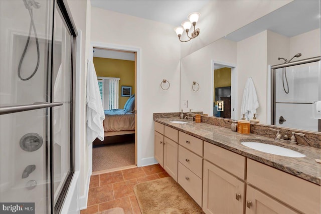 320 Hummingbird Way Unit 302, Lake Harmony, PA 18624 - full bath with a shower with shower door, ensuite bath, double vanity, and tile patterned flooring