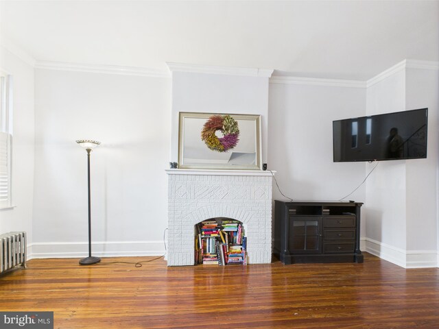 living room featuring wood finished floors, ornamental molding, baseboards, and radiator