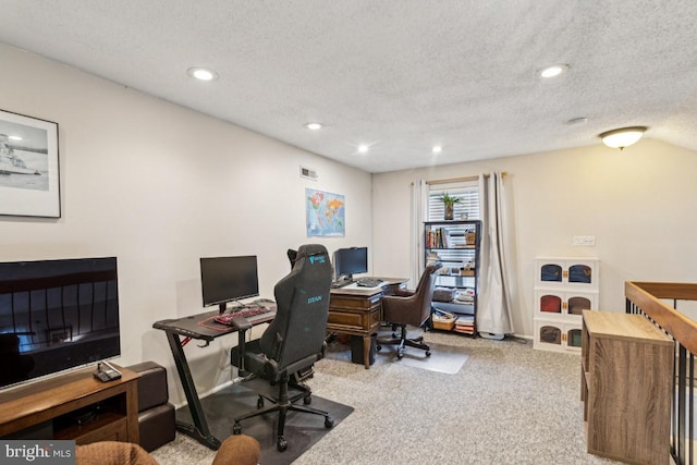 carpeted office featuring a textured ceiling and recessed lighting