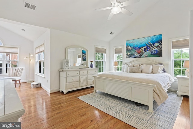 2714 Cabernet Ln, Annapolis, MD 21401 - bedroom featuring light wood-type flooring, multiple windows, high vaulted ceiling, and ceiling fan
