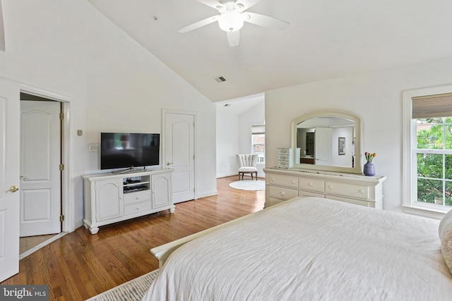 2714 Cabernet Ln, Annapolis, MD 21401 - bedroom featuring wood finished floors, high vaulted ceiling, baseboards, and ceiling fan