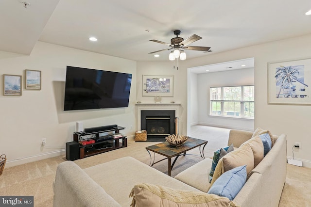 2714 Cabernet Ln, Annapolis, MD 21401 - living room featuring carpet floors, ceiling fan, recessed lighting, baseboards, and a glass covered fireplace
