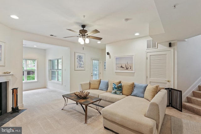 2714 Cabernet Ln, Annapolis, MD 21401 - living area with stairway, carpet flooring, baseboards, recessed lighting, and a ceiling fan