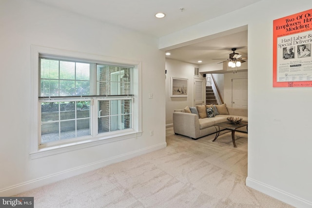 2714 Cabernet Ln, Annapolis, MD 21401 - carpeted living room with baseboards, recessed lighting, stairway, and ceiling fan