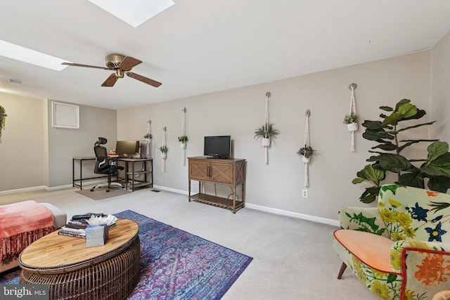 1415 Aspen Ct, West Chester, PA 19380 - living room with a skylight, a desk, carpet flooring, baseboards, and a ceiling fan