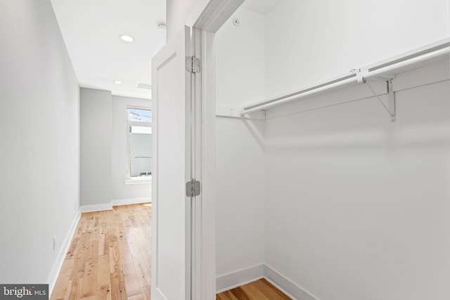walk in closet with light wood finished floors
