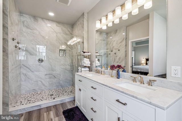 1723 Magnolia Ct, Garnet Valley, PA 19060 - full bath featuring connected bathroom, a walk in shower, double vanity, and wood finished floors