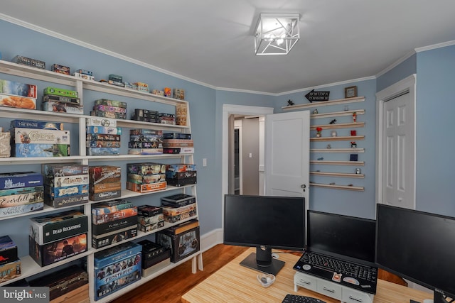 office space featuring crown molding and wood finished floors