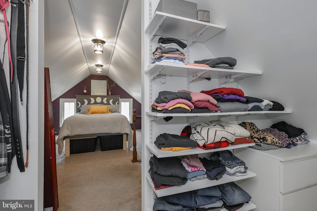 bedroom with carpet floors and lofted ceiling