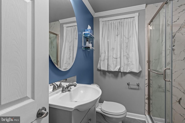 217 Lake Ave, Hamilton, NJ 08610 - bathroom featuring a marble finish shower, vanity, crown molding, toilet, and baseboards