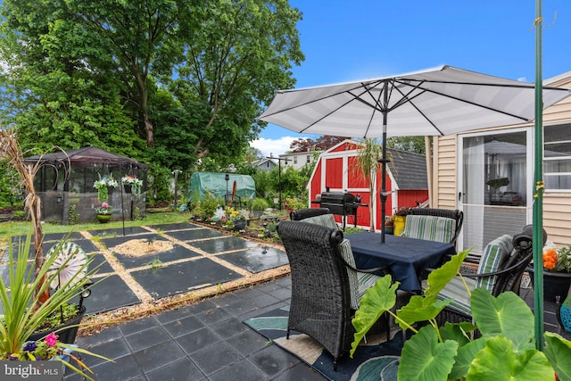 217 Lake Ave, Hamilton, NJ 08610 - view of patio featuring a shed, an outdoor structure, grilling area, and outdoor dining area