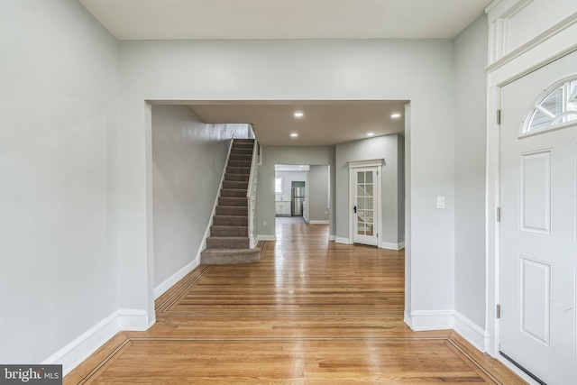 860 Foulkrod St, Philadelphia, PA 19124 - entrance foyer with light wood-style floors, baseboards, stairs, and recessed lighting