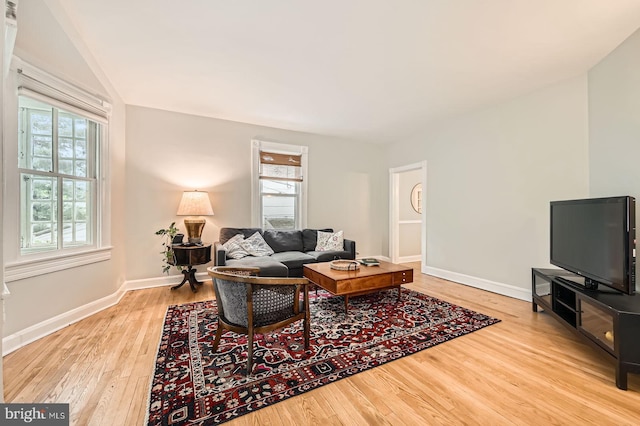 living room featuring light wood finished floors, plenty of natural light, and baseboards