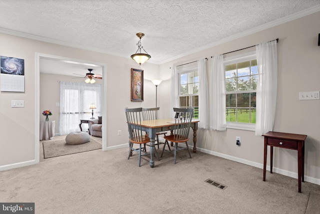dining room featuring healthy amount of natural light, carpet flooring, baseboards, ornamental molding, and a textured ceiling