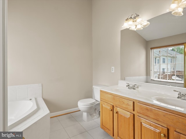 9757 Cheshire Ridge Cir, Manassas, VA 20110 - full bath featuring tile patterned flooring, double vanity, a garden tub, toilet, and a chandelier