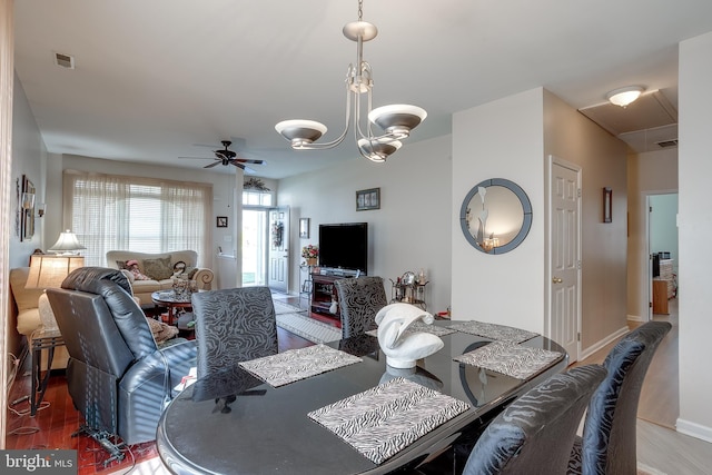 4 Montclair Ave, Berlin, NJ 08009 - dining area with a ceiling fan, wood finished floors, a chandelier, and baseboards
