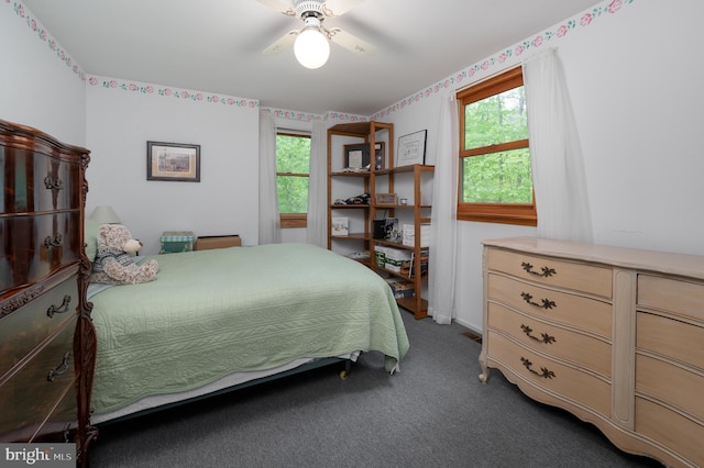 2 Wicklow Dr, Tabernacle, NJ 08088 - bedroom featuring multiple windows, dark carpet, and ceiling fan