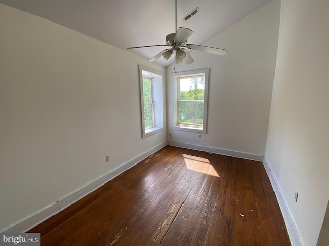 5110 Berclair Plantation Ln, Fredericksburg, VA 22408 - spare room featuring dark wood-type flooring, baseboards, ceiling fan, and lofted ceiling