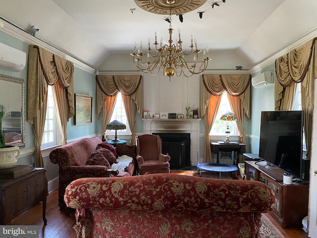 5110 Berclair Plantation Ln, Fredericksburg, VA 22408 - living room featuring lofted ceiling, an AC wall unit, plenty of natural light, hardwood / wood-style floors, and a fireplace