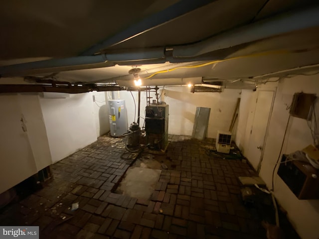 5110 Berclair Plantation Ln, Fredericksburg, VA 22408 - unfinished basement featuring electric water heater and brick patterned floors