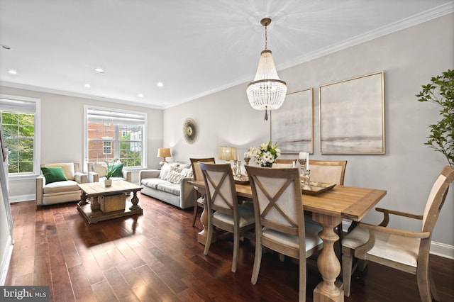 507 Governors Ct, Philadelphia, PA 19146 - dining area featuring baseboards, a chandelier, dark wood-style flooring, ornamental molding, and recessed lighting