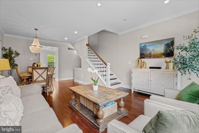 507 Governors Ct, Philadelphia, PA 19146 - living room with stairs, recessed lighting, ornamental molding, wood finished floors, and baseboards