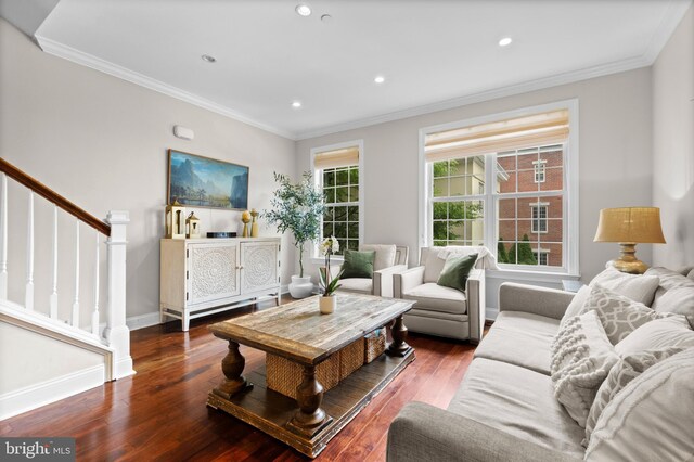 507 Governors Ct, Philadelphia, PA 19146 - living area featuring wood finished floors, stairs, ornamental molding, recessed lighting, and baseboards