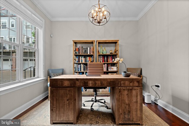 507 Governors Ct, Philadelphia, PA 19146 - home office with wood finished floors, baseboards, crown molding, and a chandelier
