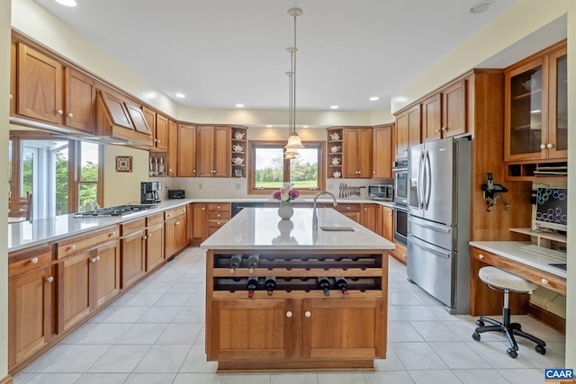 6670 Scottsville Rd, Scottsville, VA 24590 - kitchen with open shelves, stainless steel appliances, a sink, brown cabinets, and tasteful backsplash
