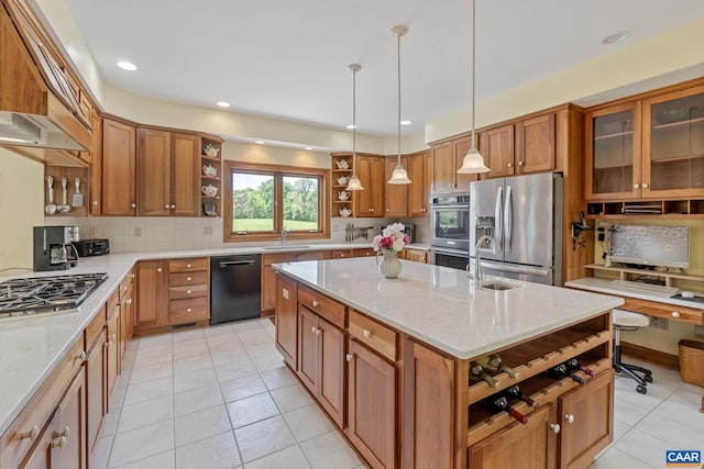6670 Scottsville Rd, Scottsville, VA 24590 - kitchen featuring open shelves, appliances with stainless steel finishes, a sink, brown cabinets, and tasteful backsplash