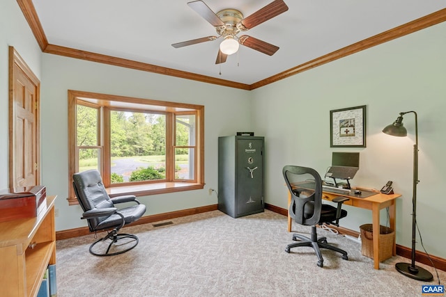 6670 Scottsville Rd, Scottsville, VA 24590 - office area with carpet, ornamental molding, baseboards, and ceiling fan