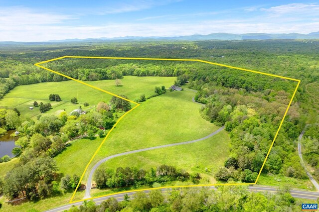 6670 Scottsville Rd, Scottsville, VA 24590 - aerial view of sparsely populated area featuring property parcel outlined, mountains, and a forest